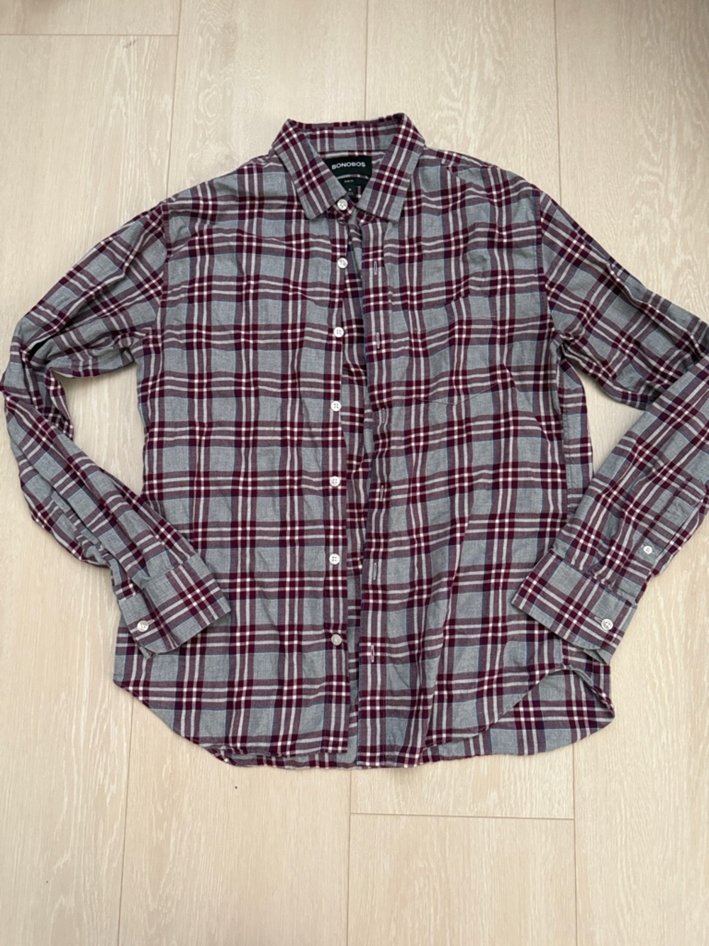 3/$10 Bonobos Plaid Button-Down Slim Fit Shirt in Burgundy and Gray - Picture 2 of 8